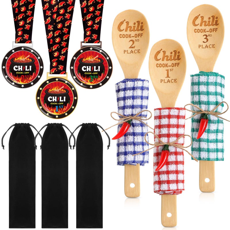 Quelay 15 Pcs Chili Cook off Prizes 1st 2nd 3rd Wooden Spoons Medals Cotton Dishcloths Pepper Charms Trophies Chili Cook off Decorations for Men Women(Wood Color) - Image 1