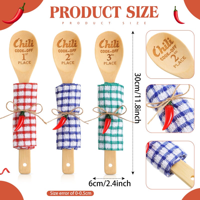 Quelay 15 Pcs Chili Cook off Prizes 1st 2nd 3rd Wooden Spoons Medals Cotton Dishcloths Pepper Charms Trophies Chili Cook off Decorations for Men Women(Wood Color) - Image 2