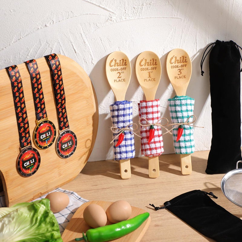 Quelay 15 Pcs Chili Cook off Prizes 1st 2nd 3rd Wooden Spoons Medals Cotton Dishcloths Pepper Charms Trophies Chili Cook off Decorations for Men Women(Wood Color) - Image 4
