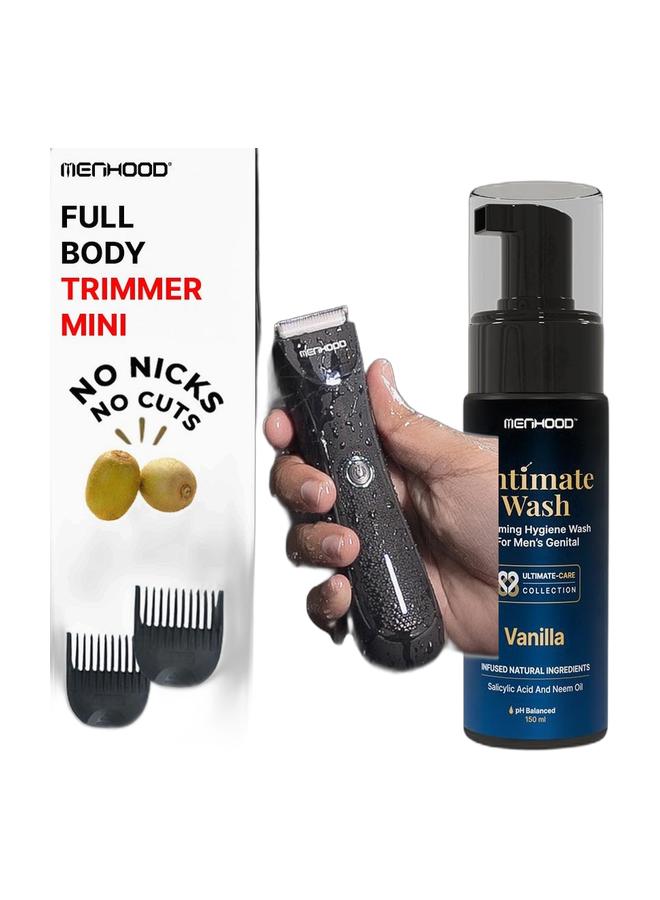 مينهود ماكينة حلاقة رجالية مينهود اللاسلكية المقاومة للماء، صغيرة وغسول حميمي للرجال، ١٥٠ مل | مجموعة عناية كاملة للرجال | ماكينة تشذيب للجسم واللحية، تعمل لمدة ١٥٠ دقيقة | ماكينة حلاقة كهربائية قابلة للشحن | غسول رغوي بزيت شجرة الشاي والنيم | مضاد للفطريات، متوازن الحموضة، يُضفي إشراقة على البشرة، ويمنحها انتعاشًا يدوم طويلًا - Image 1