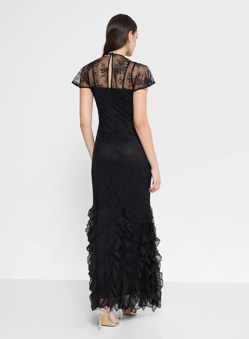 Maya Mesh Ruffle Lace Detail Maxi Dress