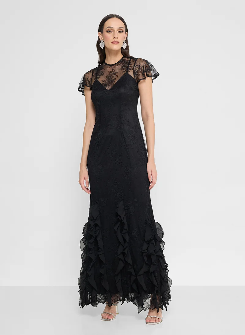 Maya Mesh Ruffle Lace Detail Maxi Dress
