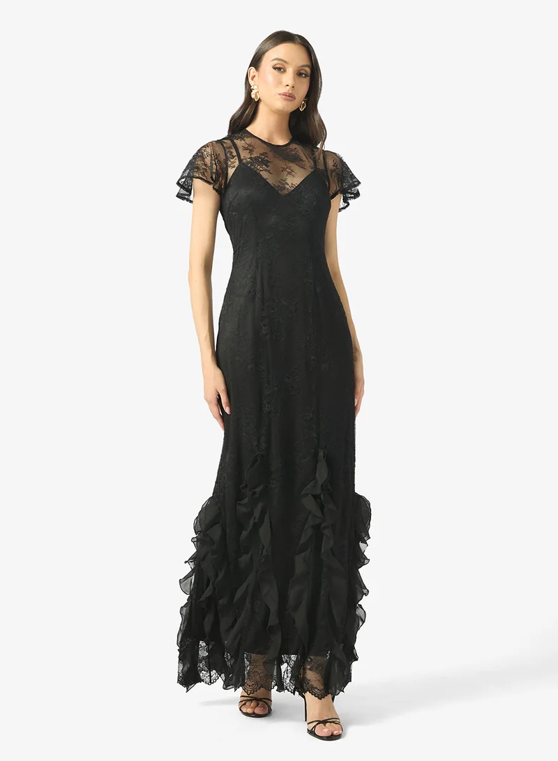 مايا Mesh Ruffle Lace Detail Maxi Dress