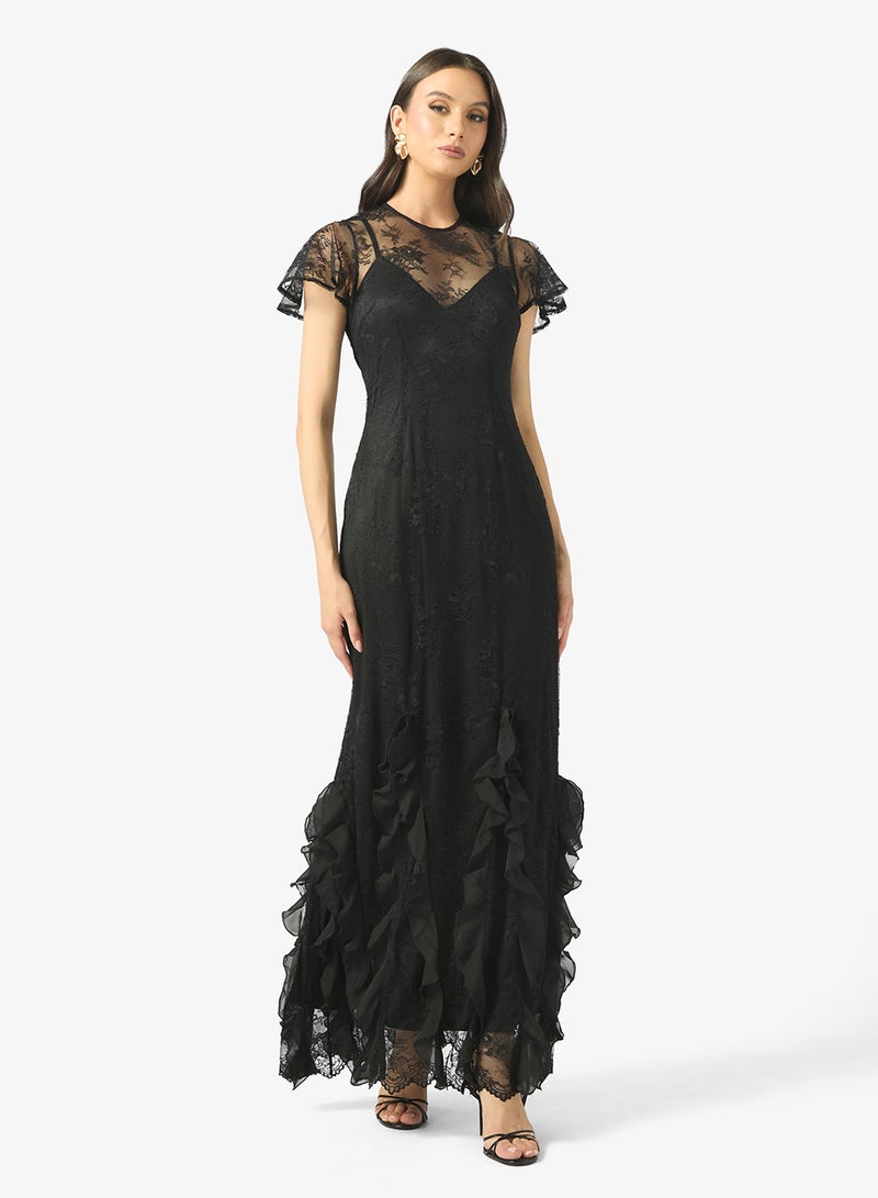 مايا فستان ماكسي شبكي بكشكشة وتفاصيل دانتيل - Image 1