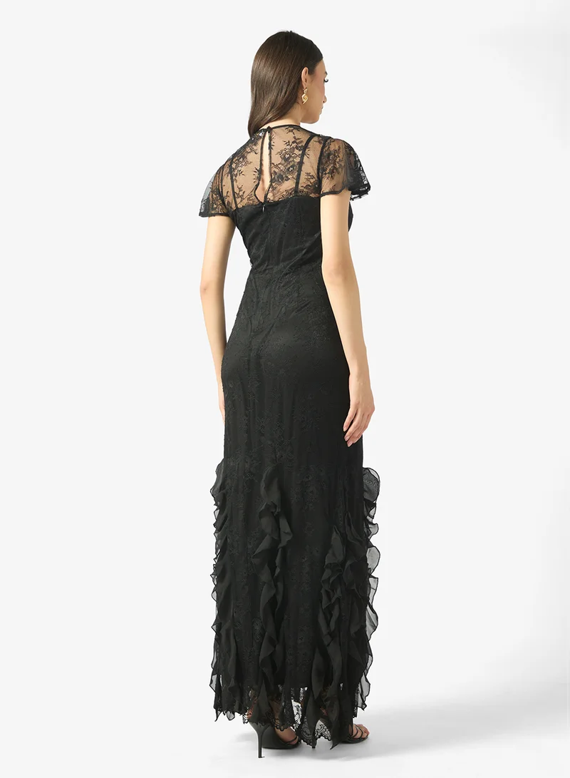مايا Mesh Ruffle Lace Detail Maxi Dress