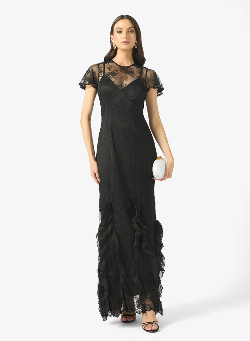 مايا فستان ماكسي شبكي بكشكشة وتفاصيل دانتيل - Image 4