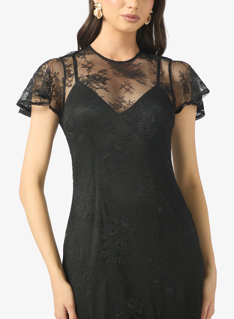 مايا فستان ماكسي شبكي بكشكشة وتفاصيل دانتيل - Image 3