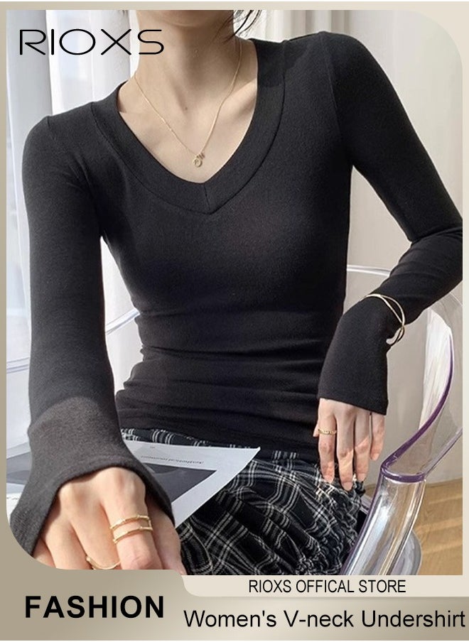 RIOXS - Women's Long Sleeve Basic Shirts, Comfortable Skin-friendly Slim Fitted Underscrub, Soft Stretchy Tops, V-neck Pullover for Women, Classic Simple Undershirt with Fitted Silhouette, Versatile Essential Piece that Can Adapt to Any Situation - Image 1