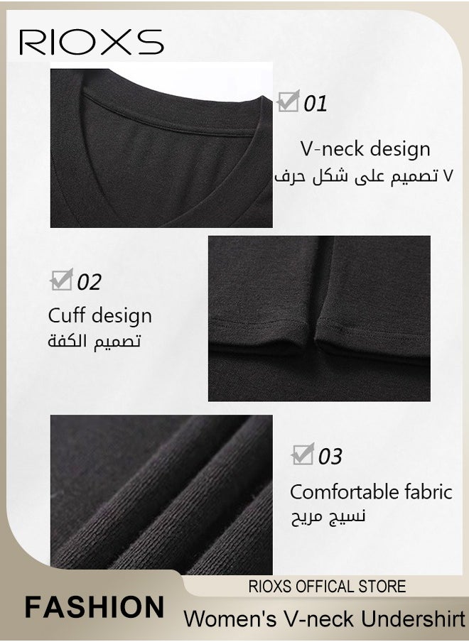 RIOXS - Women's Long Sleeve Basic Shirts, Comfortable Skin-friendly Slim Fitted Underscrub, Soft Stretchy Tops, V-neck Pullover for Women, Classic Simple Undershirt with Fitted Silhouette, Versatile Essential Piece that Can Adapt to Any Situation - Image 1