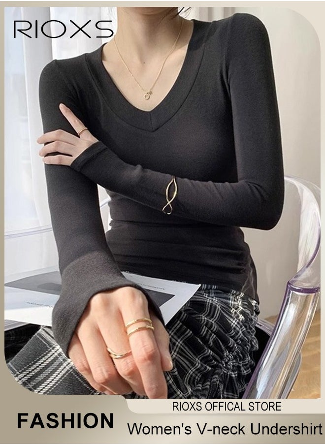 RIOXS - Women's Long Sleeve Basic Shirts, Comfortable Skin-friendly Slim Fitted Underscrub, Soft Stretchy Tops, V-neck Pullover for Women, Classic Simple Undershirt with Fitted Silhouette, Versatile Essential Piece that Can Adapt to Any Situation - Image 1