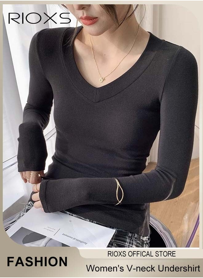 RIOXS - Women's Long Sleeve Basic Shirts, Comfortable Skin-friendly Slim Fitted Underscrub, Soft Stretchy Tops, V-neck Pullover for Women, Classic Simple Undershirt with Fitted Silhouette, Versatile Essential Piece that Can Adapt to Any Situation - Image 1