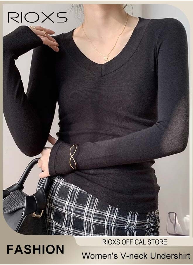 RIOXS - Women's Long Sleeve Basic Shirts, Comfortable Skin-friendly Slim Fitted Underscrub, Soft Stretchy Tops, V-neck Pullover for Women, Classic Simple Undershirt with Fitted Silhouette, Versatile Essential Piece that Can Adapt to Any Situation - Image 1