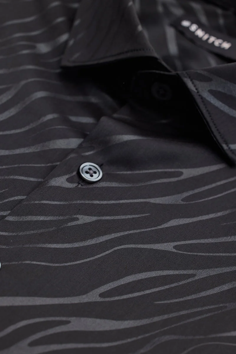 سنيتش Black Abstract Long Sleeve Slim Fit Streetwear Shirt