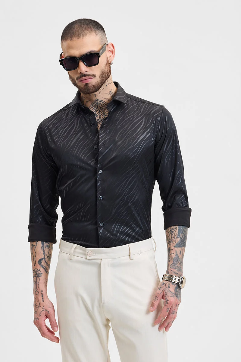 سنيتش Black Abstract Long Sleeve Slim Fit Streetwear Shirt