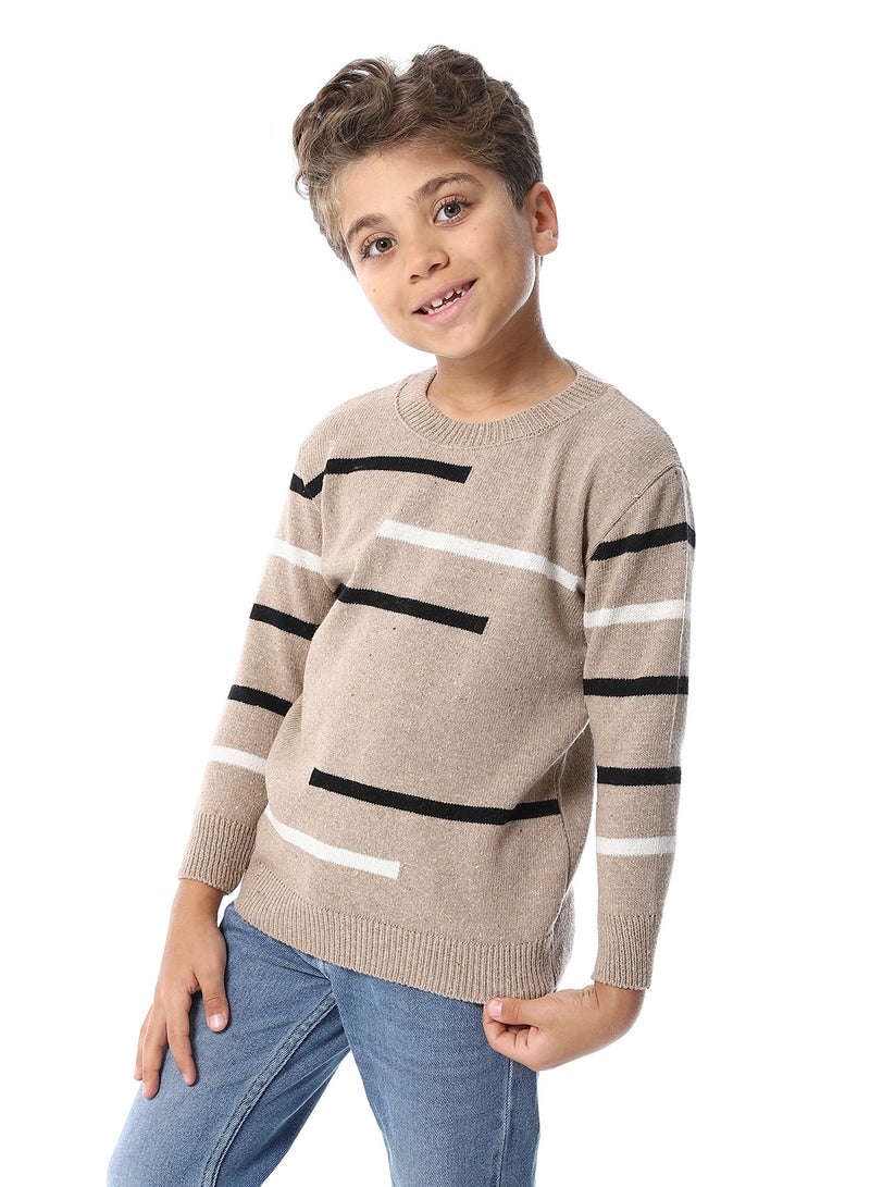 Andora Round Collar Striped Boys Pullover_ Dark Beige, Black & Off White - Image 2