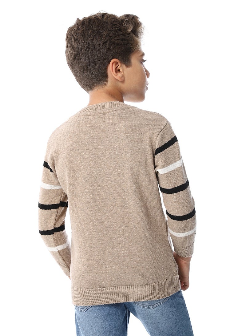 Andora Round Collar Striped Boys Pullover_ Dark Beige, Black & Off White - Image 3