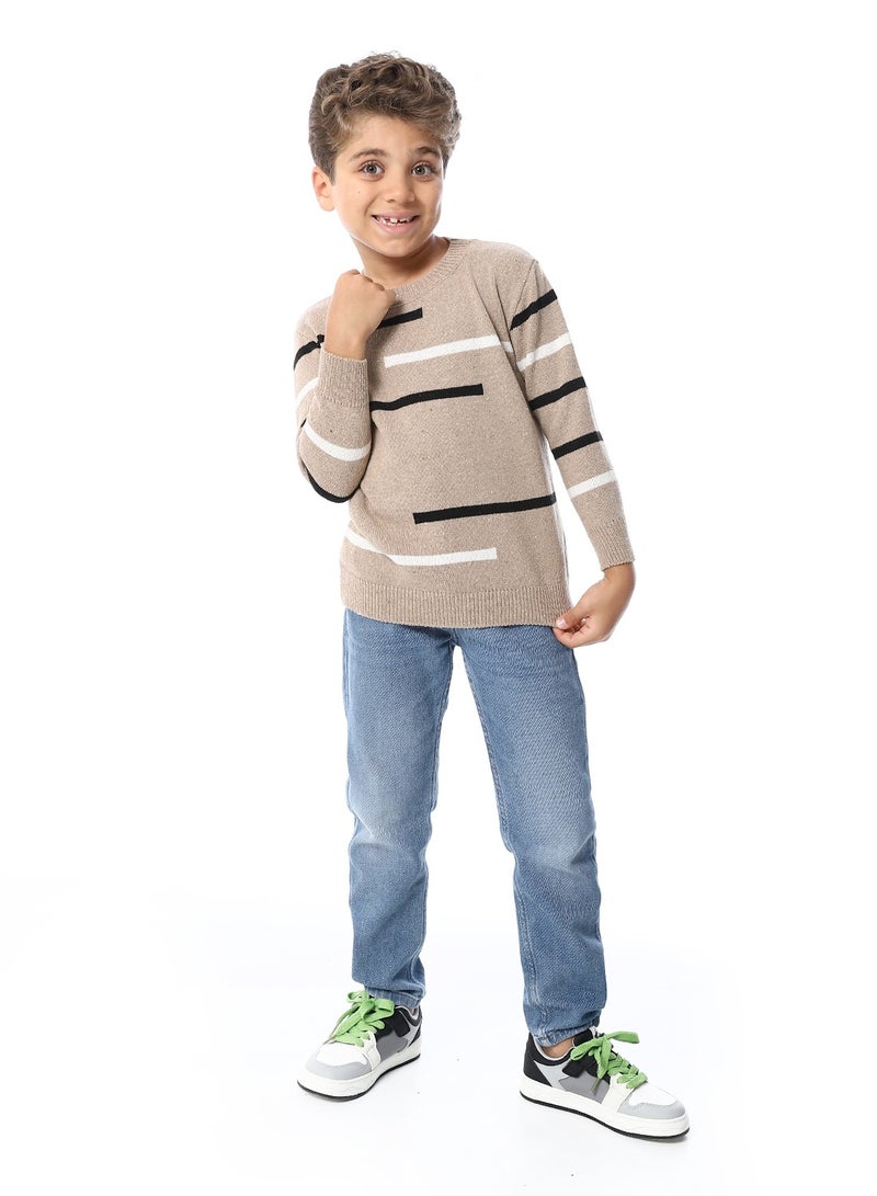 Andora Round Collar Striped Boys Pullover_ Dark Beige, Black & Off White - Image 4