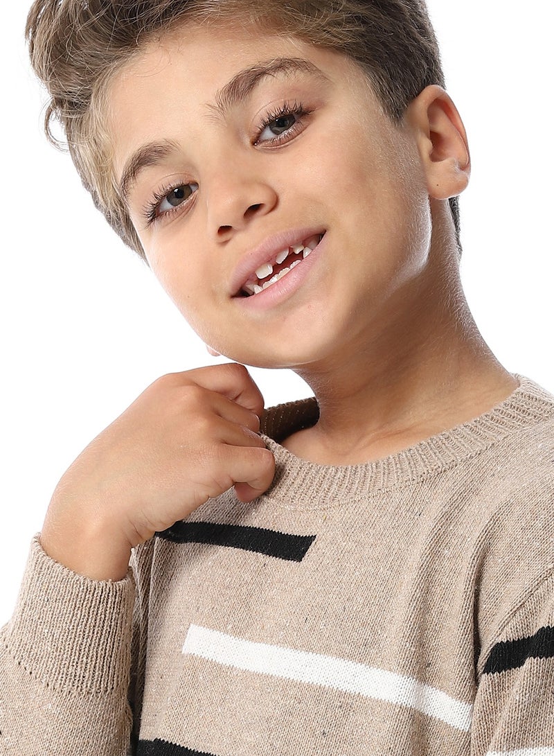 Andora Round Collar Striped Boys Pullover_ Dark Beige, Black & Off White - Image 5