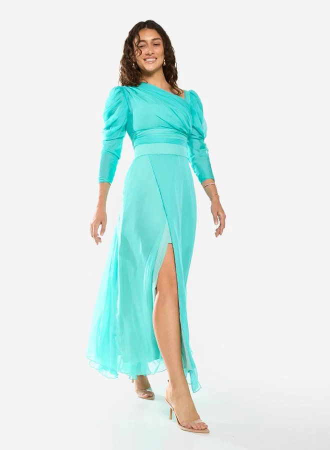 House of Moda Draped Bodice Puff Sleeve Gown Maxi Dress