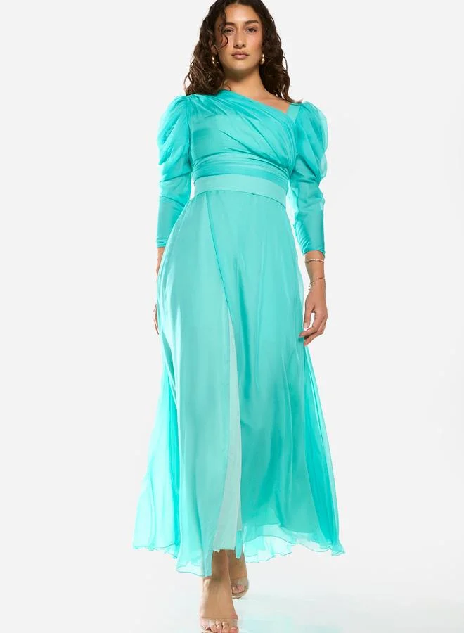 House of Moda Draped Bodice Puff Sleeve Gown Maxi Dress