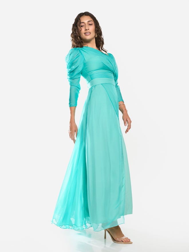 House of Moda Draped Bodice Puff Sleeve Gown Maxi Dress - Image 2