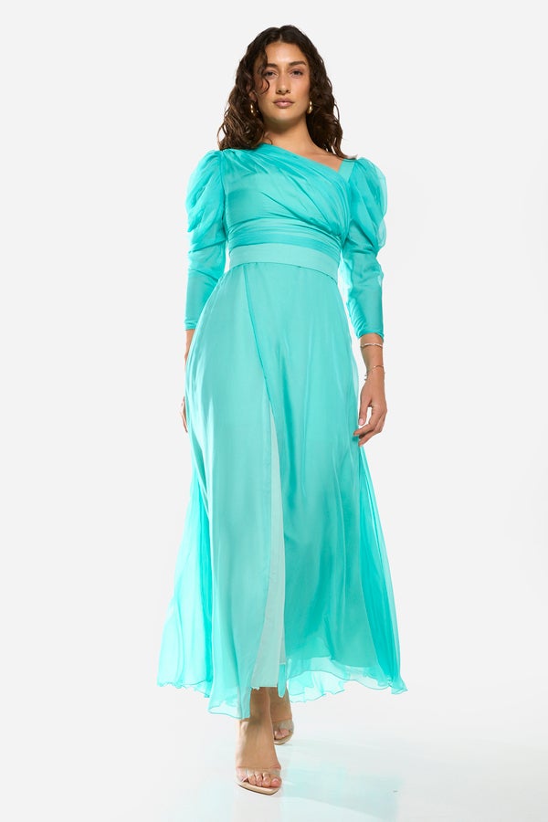 House of Moda Draped Bodice Puff Sleeve Gown Maxi Dress - Image 1