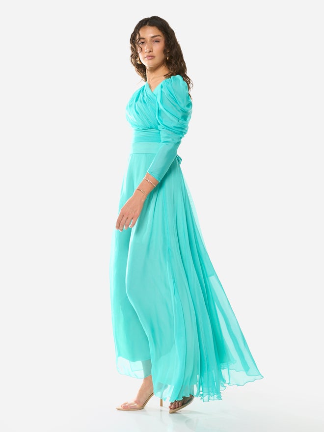 House of Moda Draped Bodice Puff Sleeve Gown Maxi Dress - Image 3