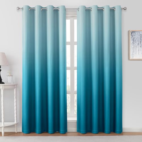HOMEIDEAS Turquoise Ombre Blackout Curtains 52 X 84 Inch Length Gradient Room Darkening Thermal Insulated Energy Saving Grommet 2 Panels Window Drapes for Living Room, Bedroom - Image 1
