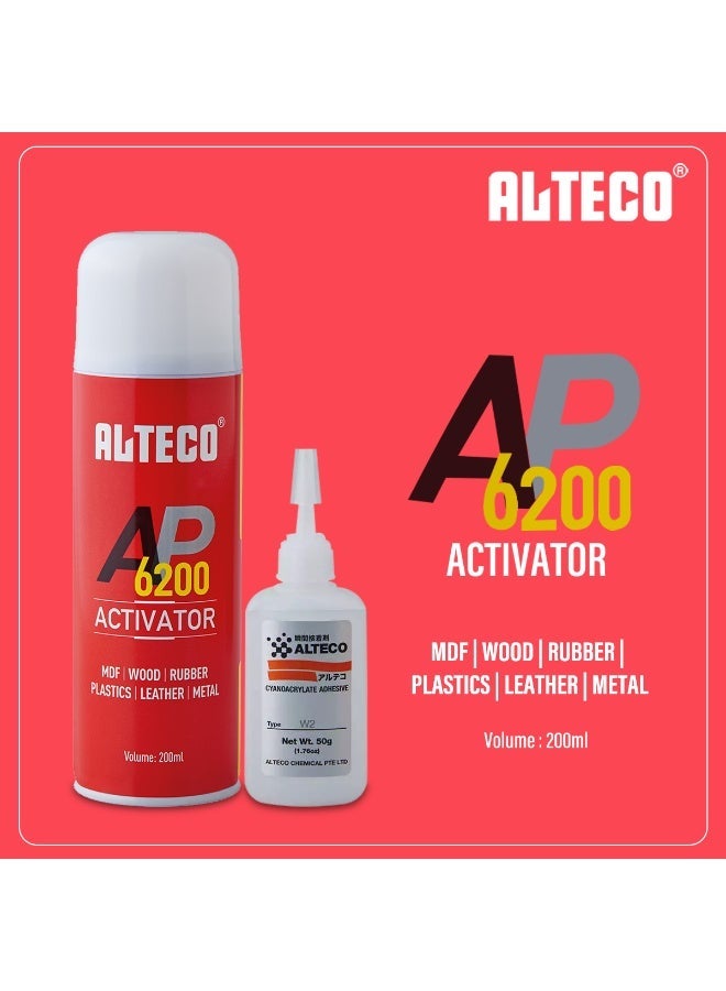ألتيكو مُنشِّط لاصق صناعي ALTECO AP 6200 (سعة 200 مل) + لاصق سيانو أكريلات W2 (وزن 50 جم)؛ مجموعة لاصقة سريعة الربط مناسبة لـ MDF، والخشب، والمطاط، والبلاستيك، والجلد، والمعادن. - Image 1