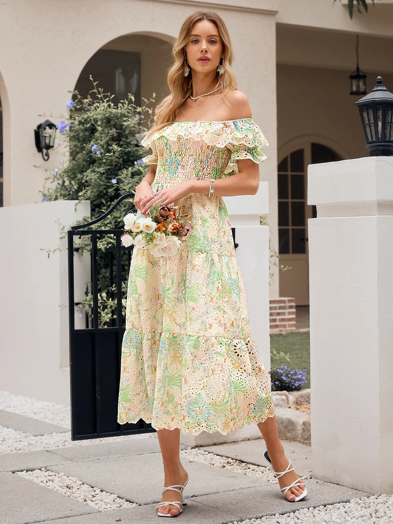 Simplee Off Shoulder Ruffle Short Sleeve Floral Maxi Dress, Flowy Skirt, Countryside Vacation Dress