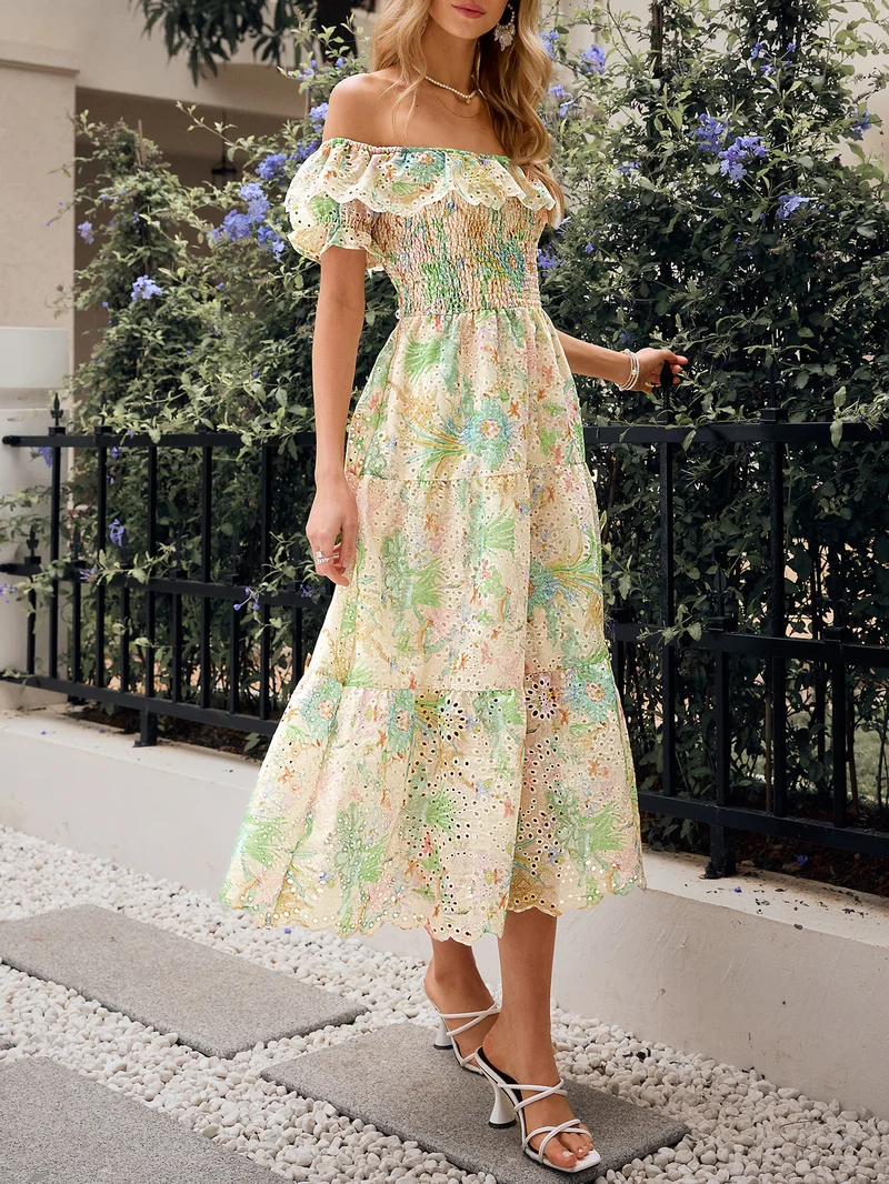 Simplee Off Shoulder Ruffle Short Sleeve Floral Maxi Dress, Flowy Skirt, Countryside Vacation Dress