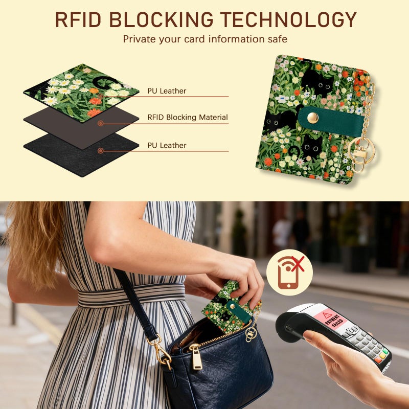 Jogjam Black Cat Floral Rfid Women Wallet, Small Slim Thin Credit Card Wallet, PU Leather Bifold Cash Zipper Coin Pocket ID Window for Female Ladies Teen Girls Girly - Image 3