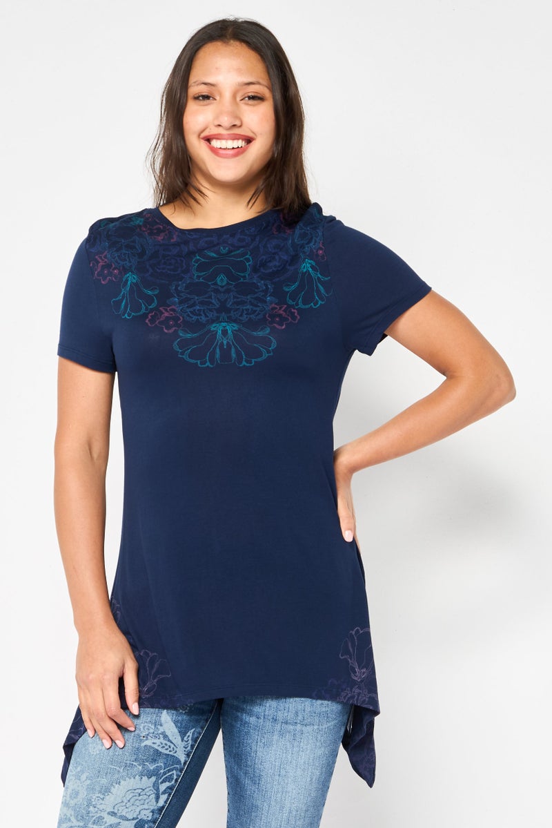 DESIGUAL Women Round Neck Short Sleeve Floral Print Blouse, Navy - Image 1