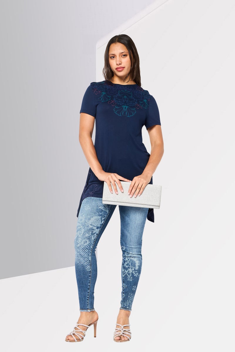 DESIGUAL Women Round Neck Short Sleeve Floral Print Blouse, Navy - Image 4