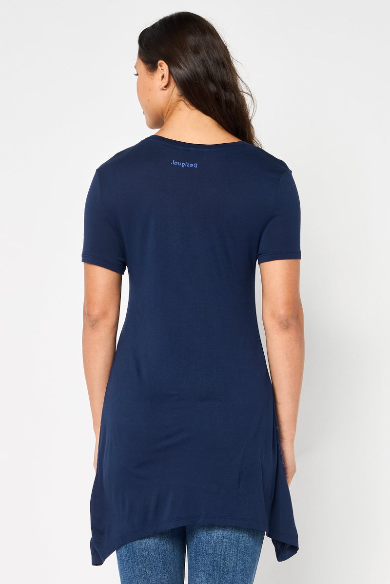 DESIGUAL Women Round Neck Short Sleeve Floral Print Blouse, Navy - Image 2