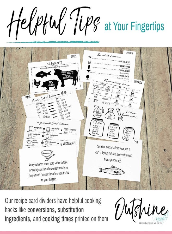 Outshine Premium White Recipe Card Dividers 4x6 with Tabs (Set of 24) | Recipe Box Dividers Made of Thick Cardstock | Includes 28 Adhesive Labels and Printed Cooking Tips | Ideal Kitchen Gift - Image 5