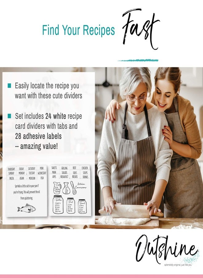 Outshine Premium White Recipe Card Dividers 4x6 with Tabs (Set of 24) | Recipe Box Dividers Made of Thick Cardstock | Includes 28 Adhesive Labels and Printed Cooking Tips | Ideal Kitchen Gift - Image 2