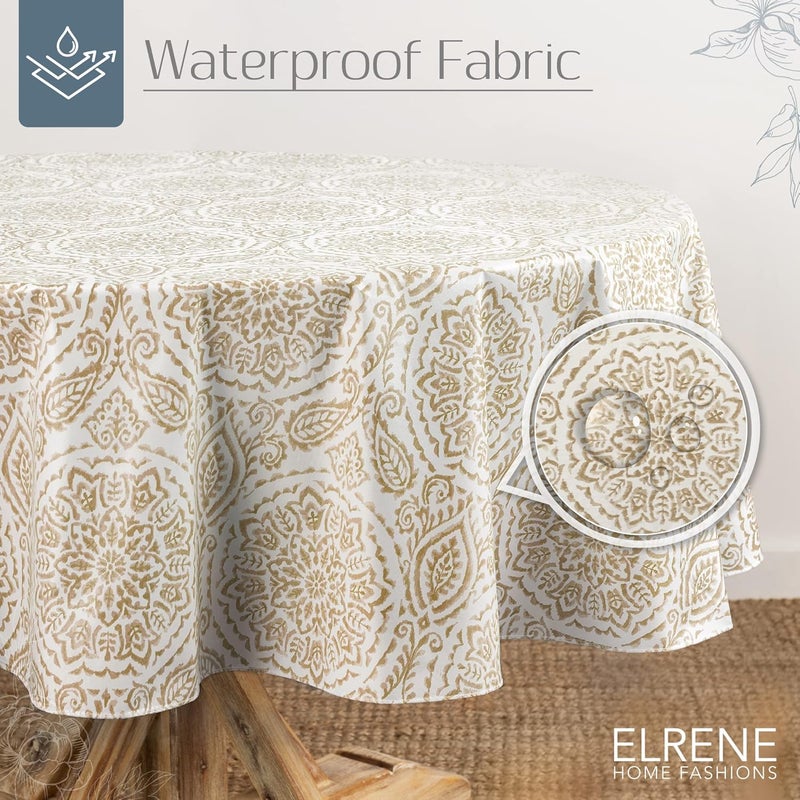 إلرين مناديل المائدة البلاستيكية المقاومة للماء والبقع من ماركة Home Fashions، نمط Savannah Boho Paisley، مصممة للاستخدام داخليًا وخارجيًا، بطبقة خلفية من القطن، مقاس 70×70 بوصة، على شكل دائري، بلون بيج. - Image 2