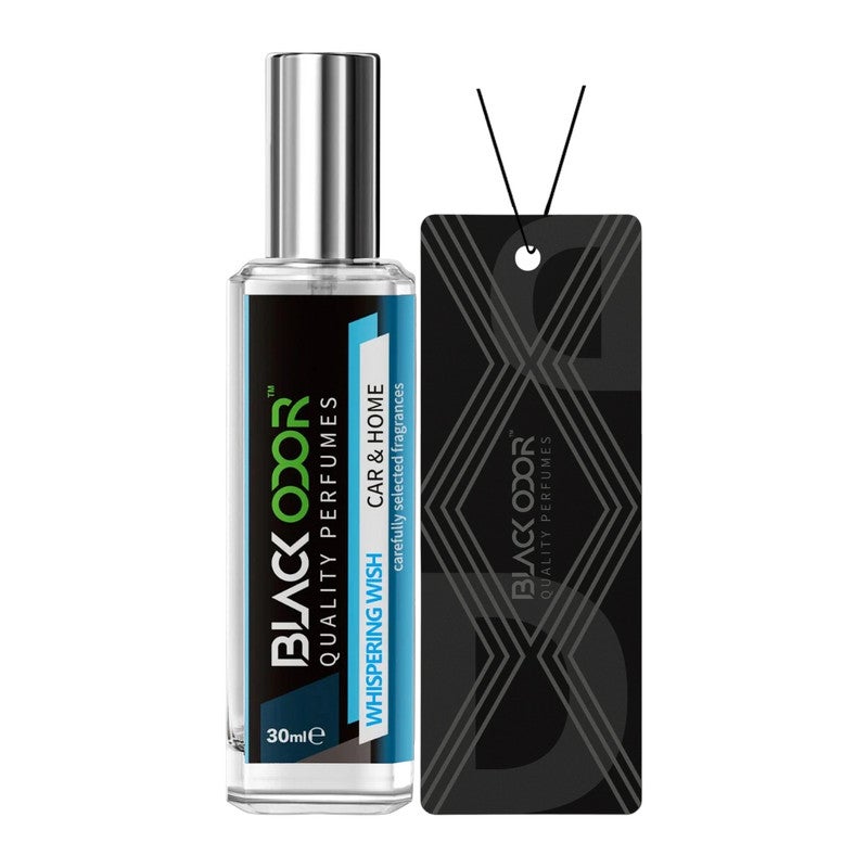 رائحة سوداء معطر جو بلاك أودور مع بطاقة معلقة BO-34 30 مل - بخاخ معطر للسيارة والمنزل برائحة المسك الأبيض، يدوم طويلاً، مصنوع من الزيوت العطرية، معطر معلق على مرآة الرؤية الخلفية (همسة أمنية) - Image 1