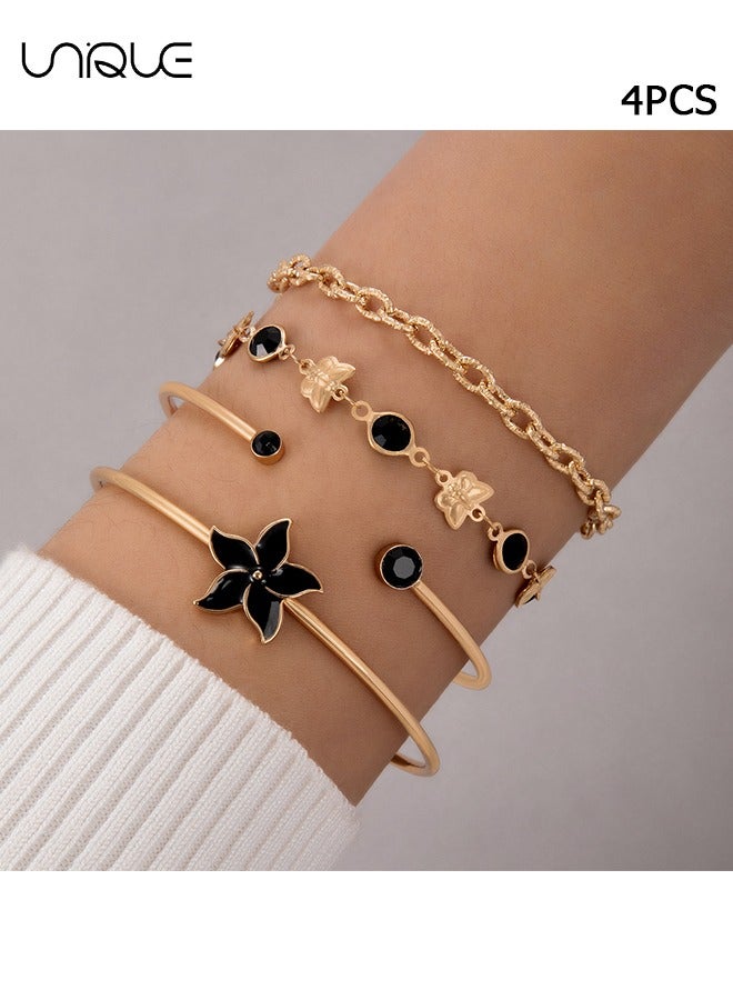 يونيك طقم أساور من 4 قطع - طقم سوار فراشة من زهرة الخمس بتلات - سوار من حجر الراين الأسود - أنيق وأنيق - سوار جديد - نسائي (ذهبي) - Image 1