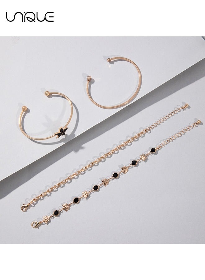 يونيك طقم أساور من 4 قطع - طقم سوار فراشة من زهرة الخمس بتلات - سوار من حجر الراين الأسود - أنيق وأنيق - سوار جديد - نسائي (ذهبي) - Image 2