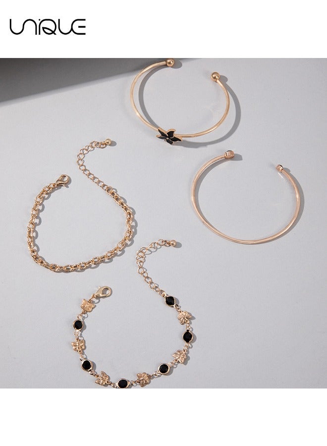 يونيك طقم أساور من 4 قطع - طقم سوار فراشة من زهرة الخمس بتلات - سوار من حجر الراين الأسود - أنيق وأنيق - سوار جديد - نسائي (ذهبي) - Image 3