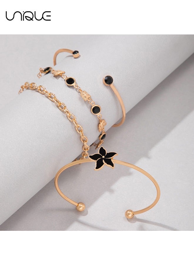 يونيك طقم أساور من 4 قطع - طقم سوار فراشة من زهرة الخمس بتلات - سوار من حجر الراين الأسود - أنيق وأنيق - سوار جديد - نسائي (ذهبي) - Image 4