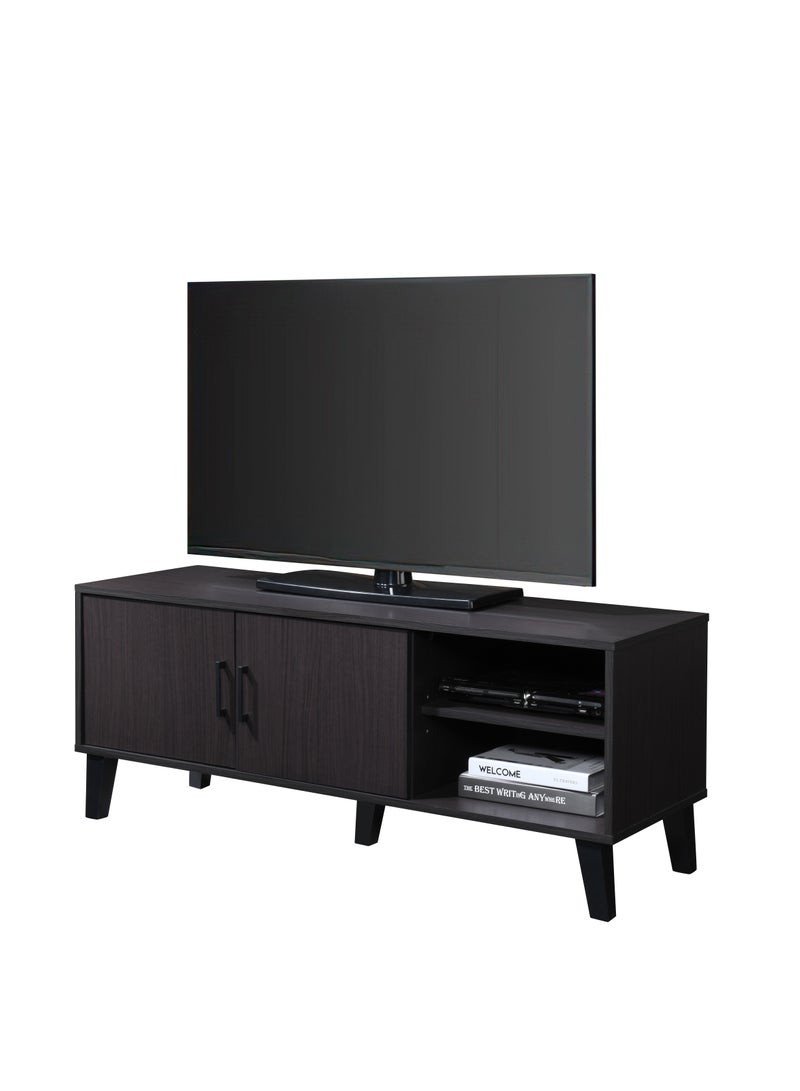 دبيلو تي- إيزي كير خزانة تلفزيون خشبية هندسية لغرفة المعيشة، وينج - تخزين ببابين وأرفف مفتوحة مع فتحات للكابلات، تناسب أجهزة التلفزيون حتى 55 بوصة، وحدة ترفيه حديثة، متينة، سهلة التركيب، موفرة للمساحة