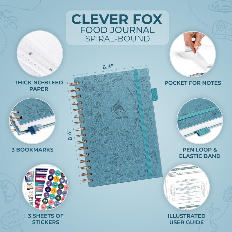Clever Fox Food Journal Spiral - Daily Food Diary, Meal Prep Planner to Track Calories & Nutrients, Weight Loss Tracker Notebook (Aquamarine) - Image 2