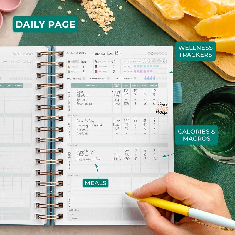 Clever Fox Food Journal Spiral - Daily Food Diary, Meal Prep Planner to Track Calories & Nutrients, Weight Loss Tracker Notebook (Aquamarine) - Image 4