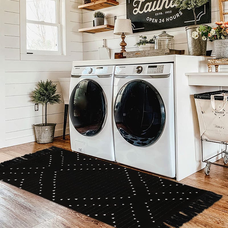 LIVEBOX Boho Kitchen Rug 2' x 4.3' Washable Bathroom Runner with Tassel, Moroccan Black Area Rugs Small Woven Cotton Throw Rug for Entryway Laundry Room Hallway - Image 5