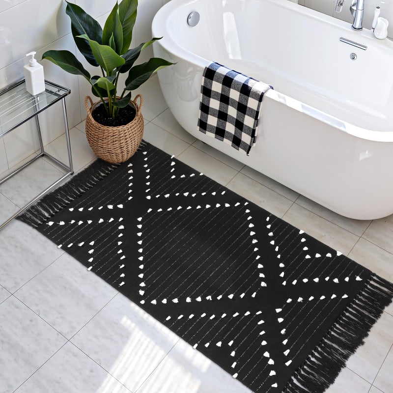 LIVEBOX Boho Kitchen Rug 2' x 4.3' Washable Bathroom Runner with Tassel, Moroccan Black Area Rugs Small Woven Cotton Throw Rug for Entryway Laundry Room Hallway - Image 3