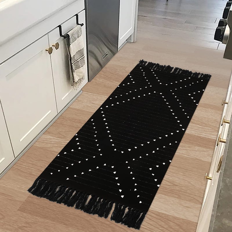 LIVEBOX Boho Kitchen Rug 2' x 4.3' Washable Bathroom Runner with Tassel, Moroccan Black Area Rugs Small Woven Cotton Throw Rug for Entryway Laundry Room Hallway - Image 1