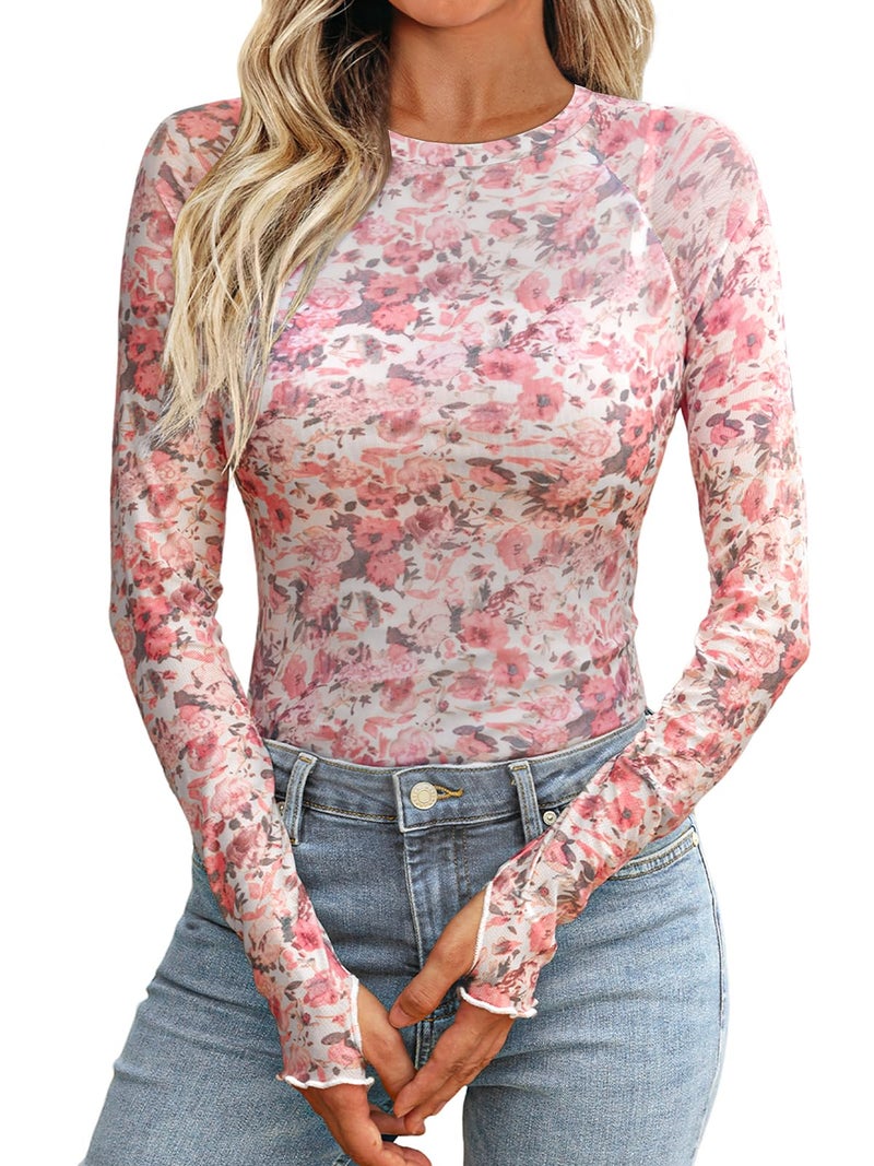 Dealmore Womens Mesh Sheer Lace Going Out Slim Fitted See Through Tops Spring Fashion Clothes 2026 Outfits Cream XL - Image 1